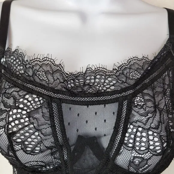 Thistle and Spire Womens Amore Lace Bra Underwire Sheer Size XS Black Corset