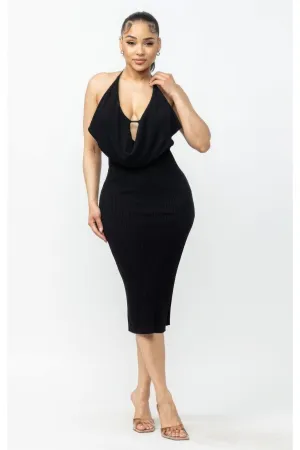 Tie Halter Drape Neck Midi Dress