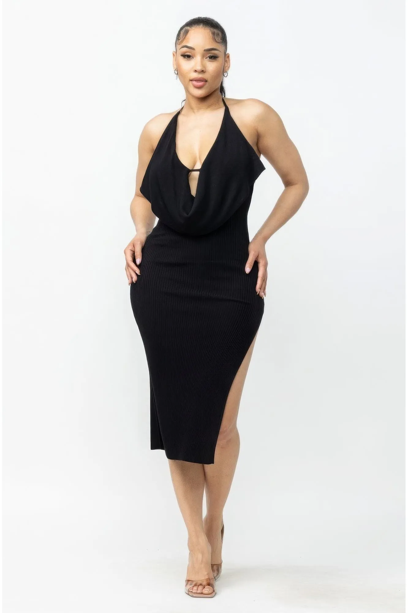 Tie Halter Drape Neck Midi Dress