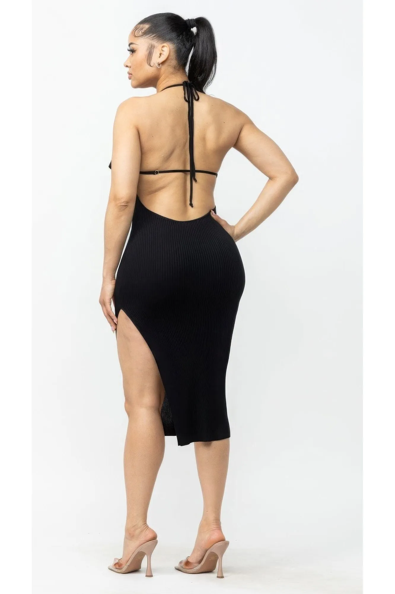 Tie Halter Drape Neck Midi Dress