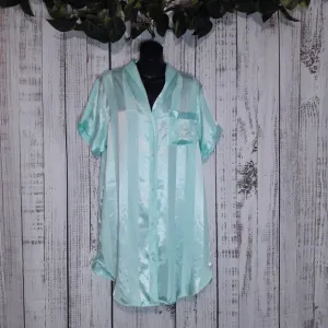 TJW vintage 90s mint green striped collared button up nightgown w/ front pocket