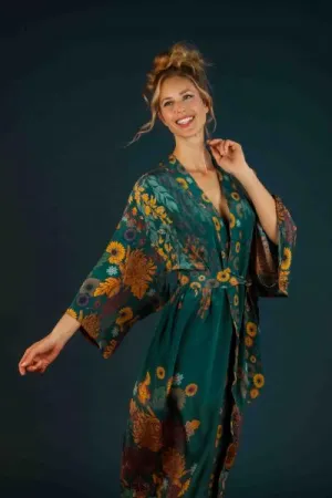 Trailing Wisteria Kimono Gown - Teal - One Size