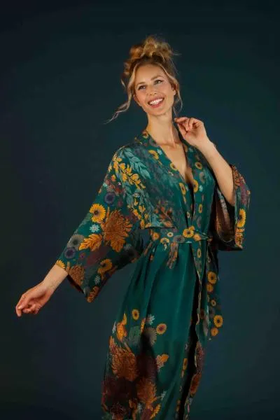 Trailing Wisteria Kimono Gown - Teal - One Size