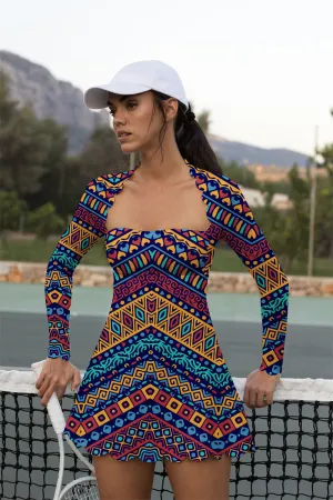Tribal Blaze Long-Sleeve Tennis Dress – Bold Activewear for Court Confidence