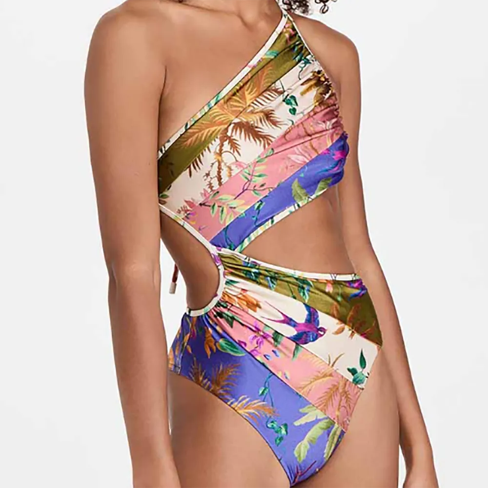 Tropical Cutout One-Shoulder One-Piece Swimsuit