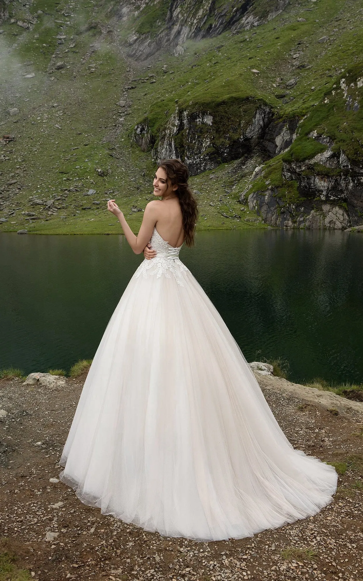 Tulle Lace Bodice Pleatings Romantic V-Neckline Gown-714643