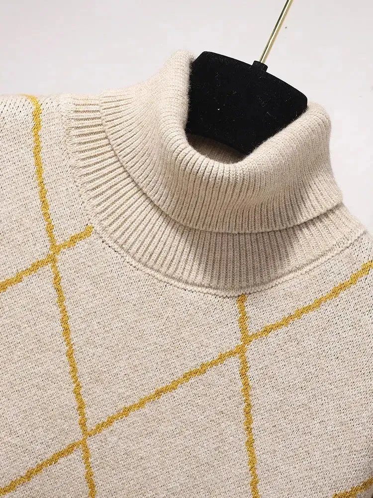 Turtleneck Plaid Sweater Dress