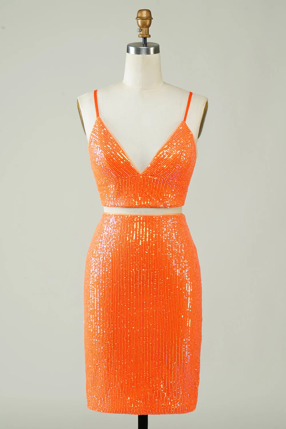 Two Piece Orange Sequins Tight Homecoming Dress