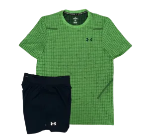 Under Armour Seamless Grid T-Shirt and Speedpocket 7 Inch Shorts Set - Green/Black