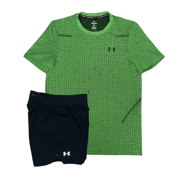 Under Armour Seamless Grid T-Shirt and Speedpocket 7 Inch Shorts Set - Green/Black
