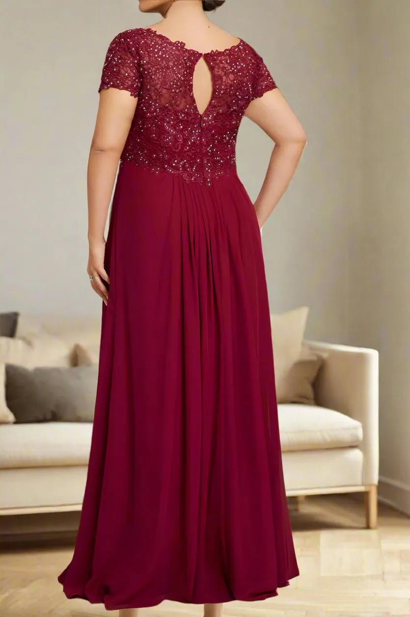 Unique Burgundy A-Line V-Neck Short Sleeves Mother of The Bride Dresses