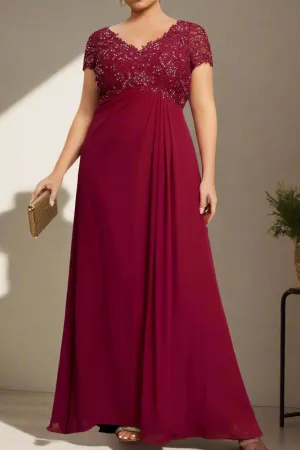 Unique Burgundy A-Line V-Neck Short Sleeves Mother of The Bride Dresses