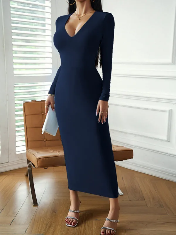 V-Neck Bodycon Midi Dress with Long Sleeves