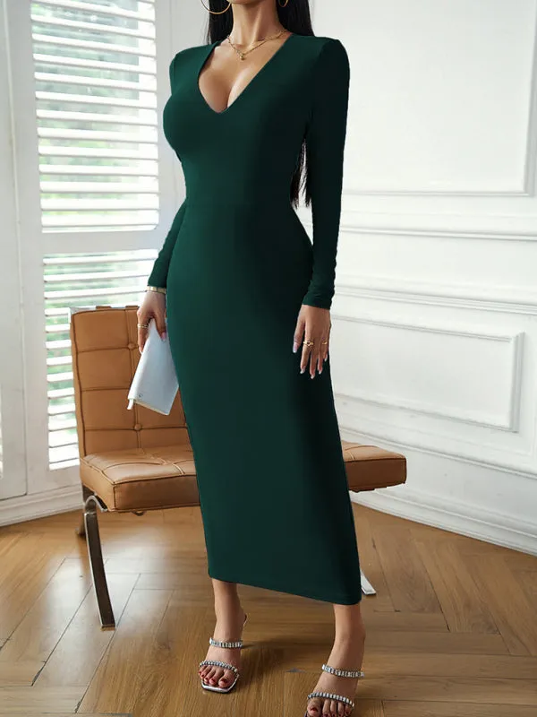 V-Neck Bodycon Midi Dress with Long Sleeves
