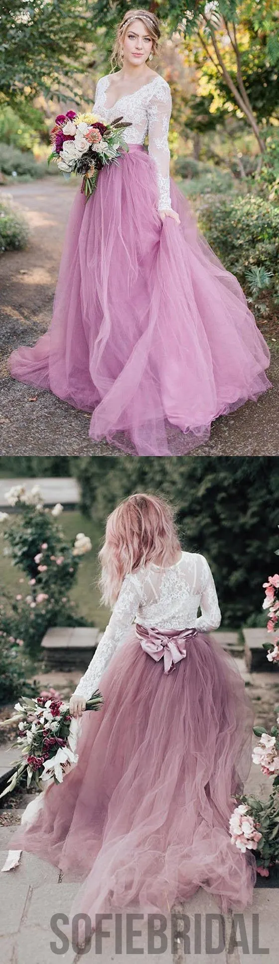 V-neck Lace Wedding Dresses, Country Wedding Dresses, Romantic Tulle Wedding Dresses, WD0272