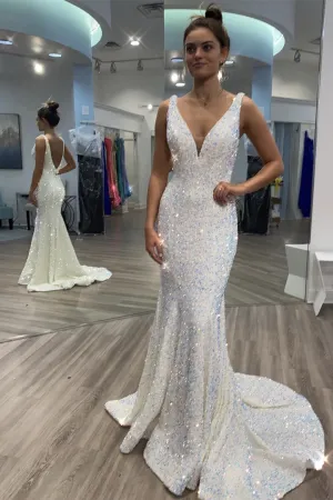V Neck Sequin Prom Dresses White Mermaid Long Formal Dress