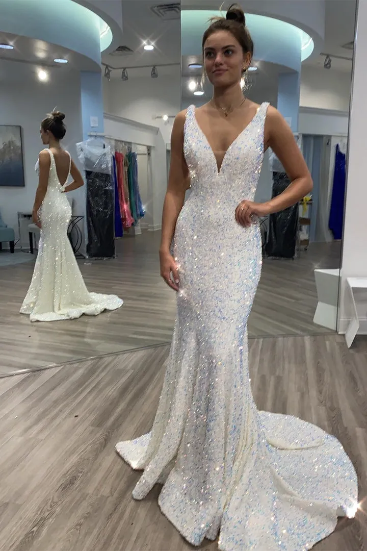 V Neck Sequin Prom Dresses White Mermaid Long Formal Dress