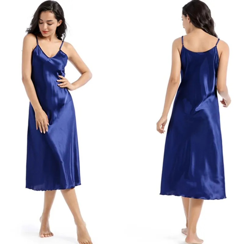 V-Neck Silk/Polyester Midi Nightie with Adjustable Straps