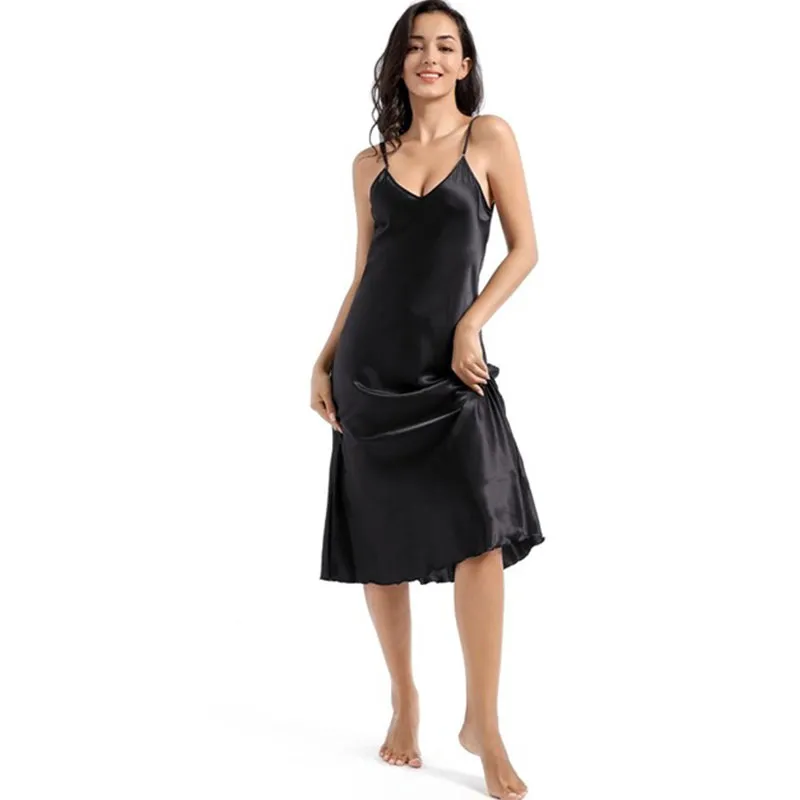 V-Neck Silk/Polyester Midi Nightie with Adjustable Straps