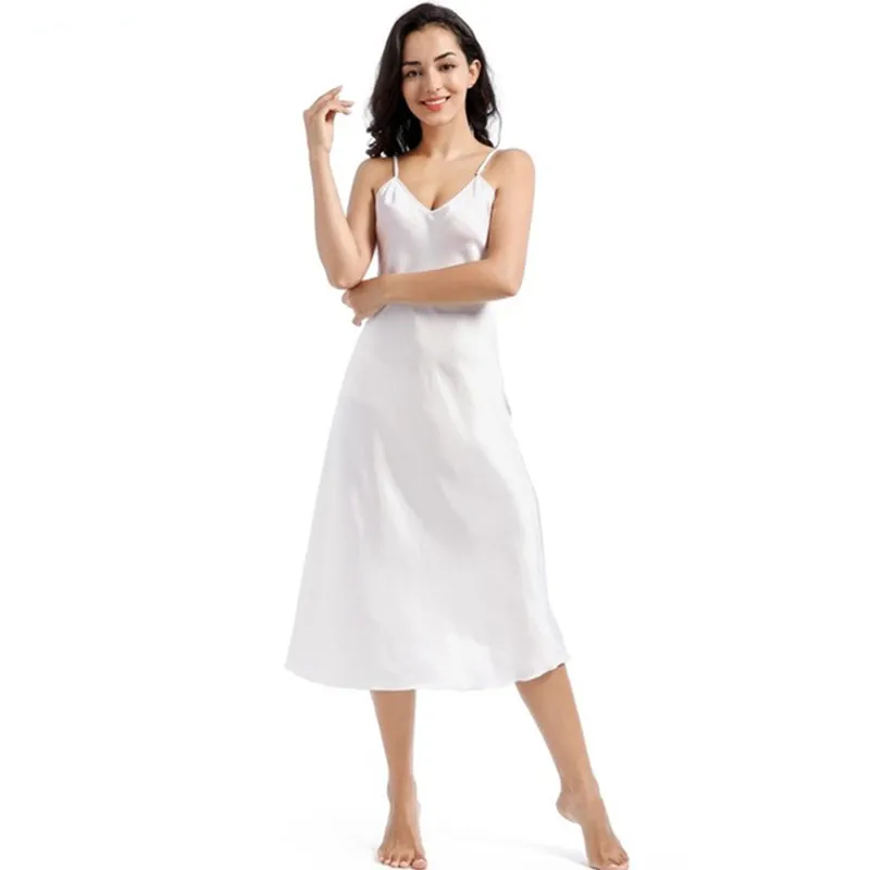 V-Neck Silk/Polyester Midi Nightie with Adjustable Straps