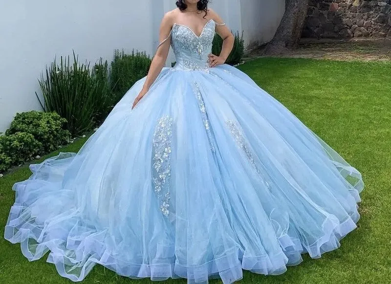 V-neck Sky Blue Tulle Sleeveless Quinceanera Dresses