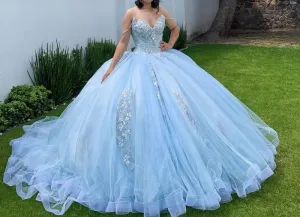 V-neck Sky Blue Tulle Sleeveless Quinceanera Dresses