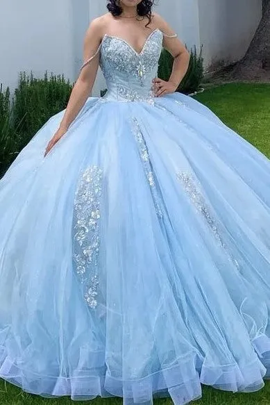 V-neck Sky Blue Tulle Sleeveless Quinceanera Dresses