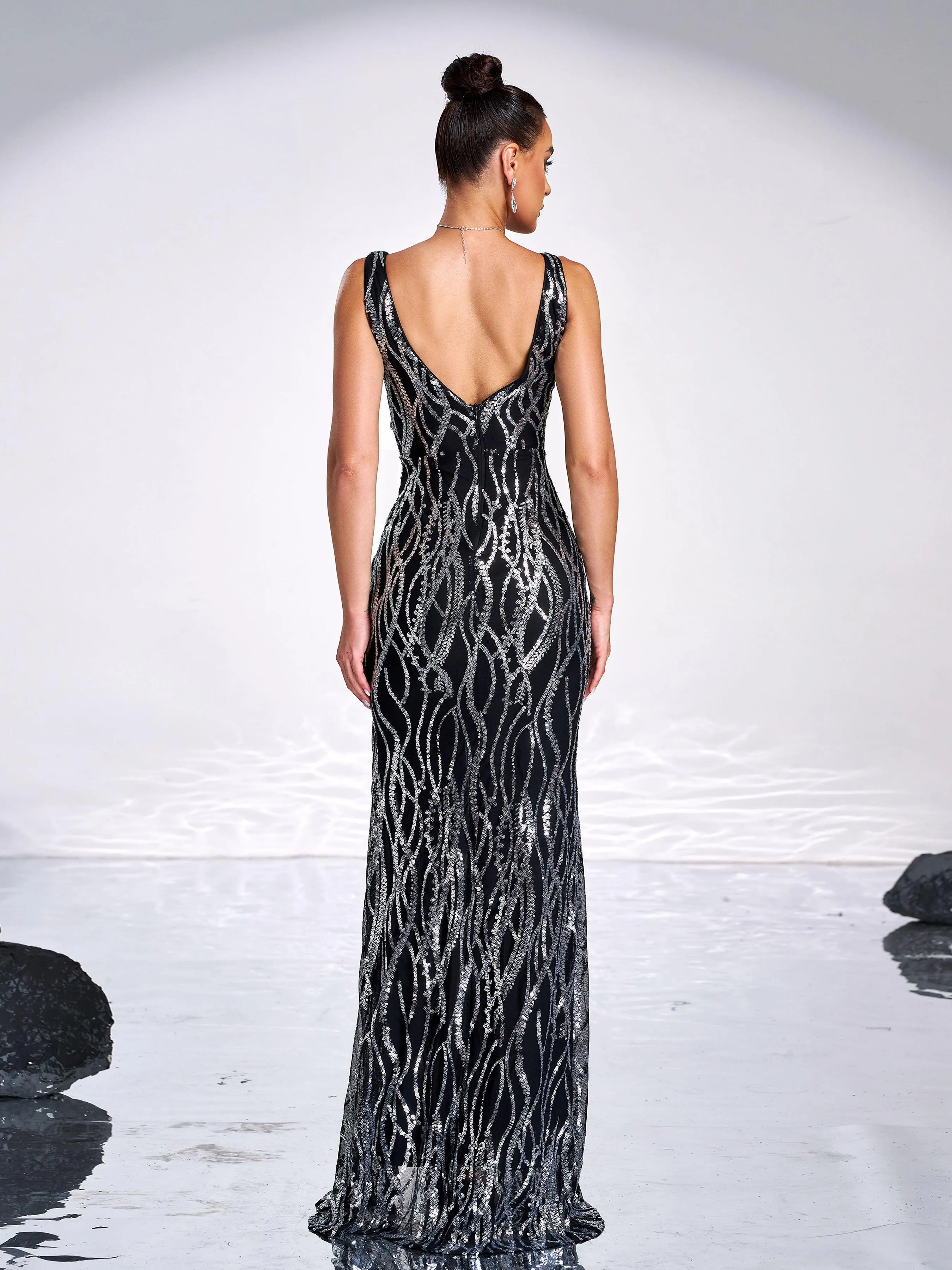 V-neck Split Sequin Maxi Prom Dress XH1586