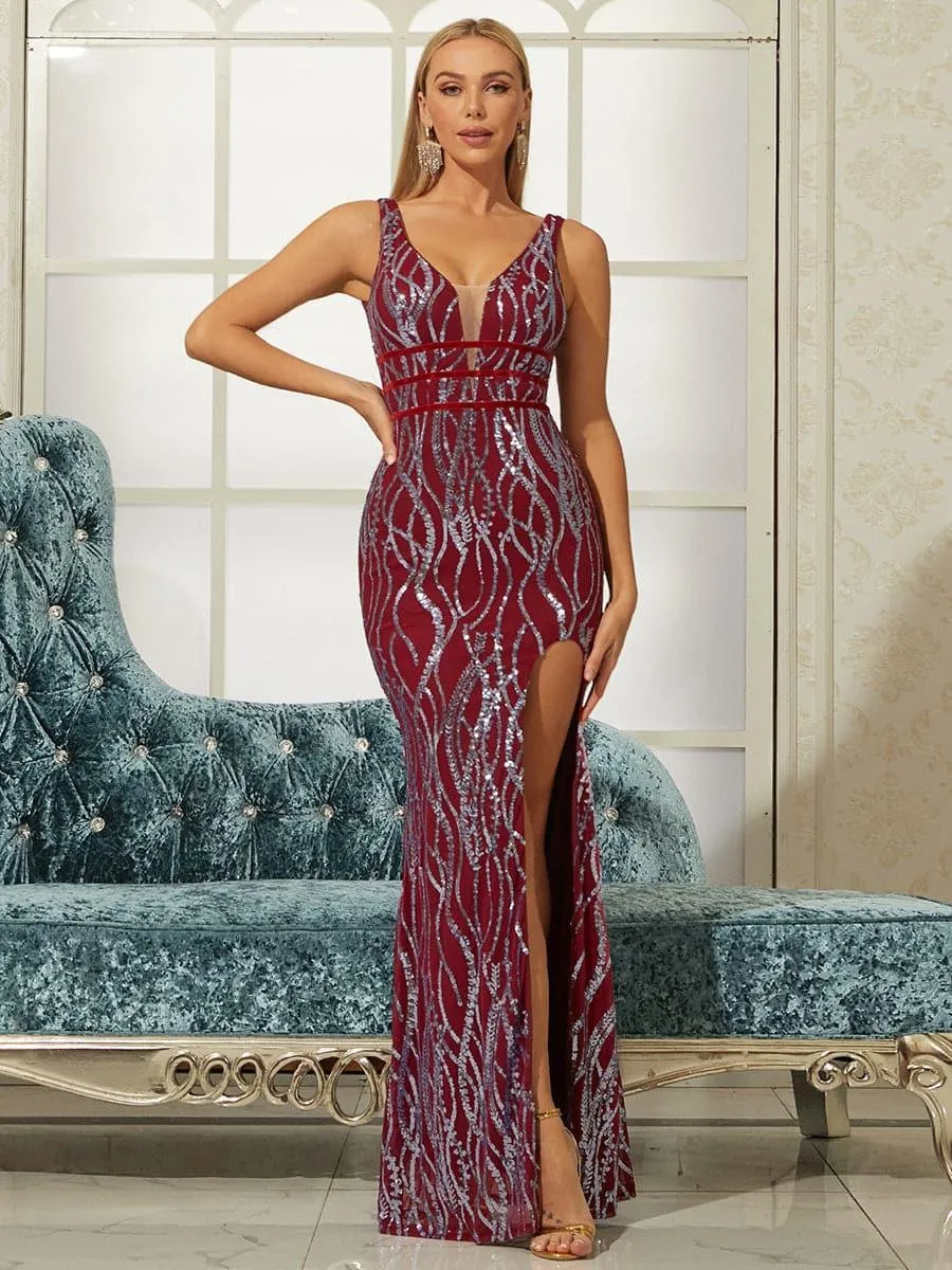 V-neck Split Sequin Maxi Prom Dress XH1586