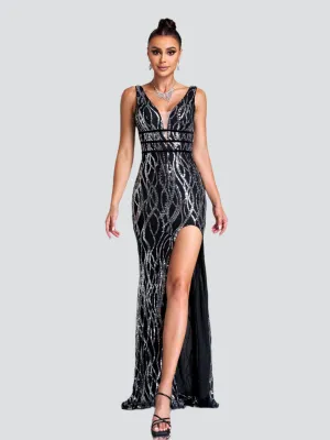 V-neck Split Sequin Maxi Prom Dress XH1586