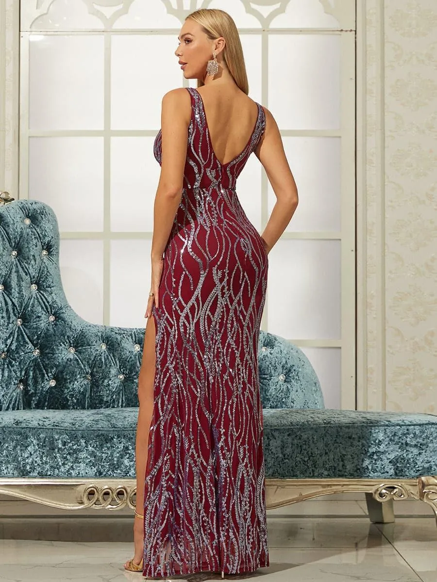 V-neck Split Sequin Maxi Prom Dress XH1586