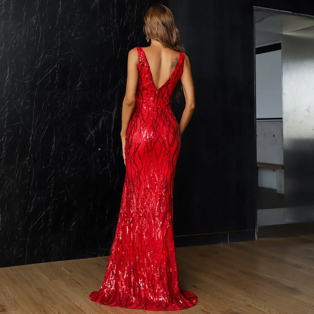 V-neck Split Sequin Maxi Prom Dress XH1586