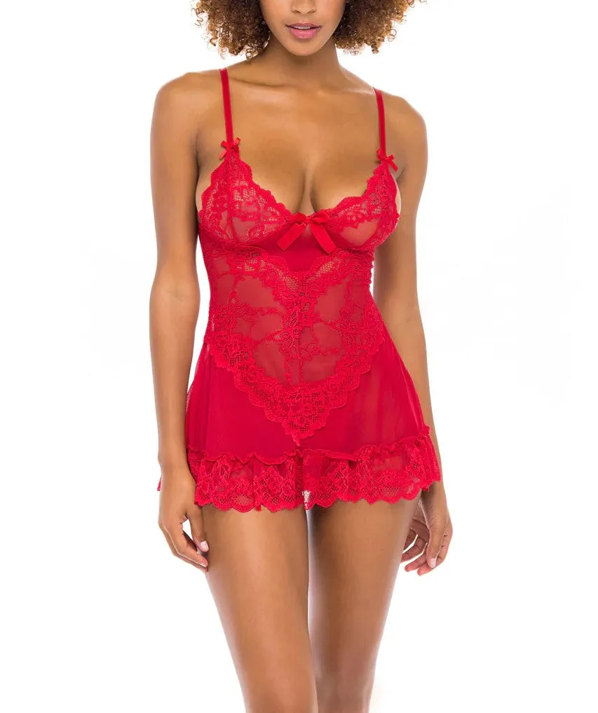 Valentine Soft Cup Lacey Babydoll With Bows In Red - Oh La La Cheri
