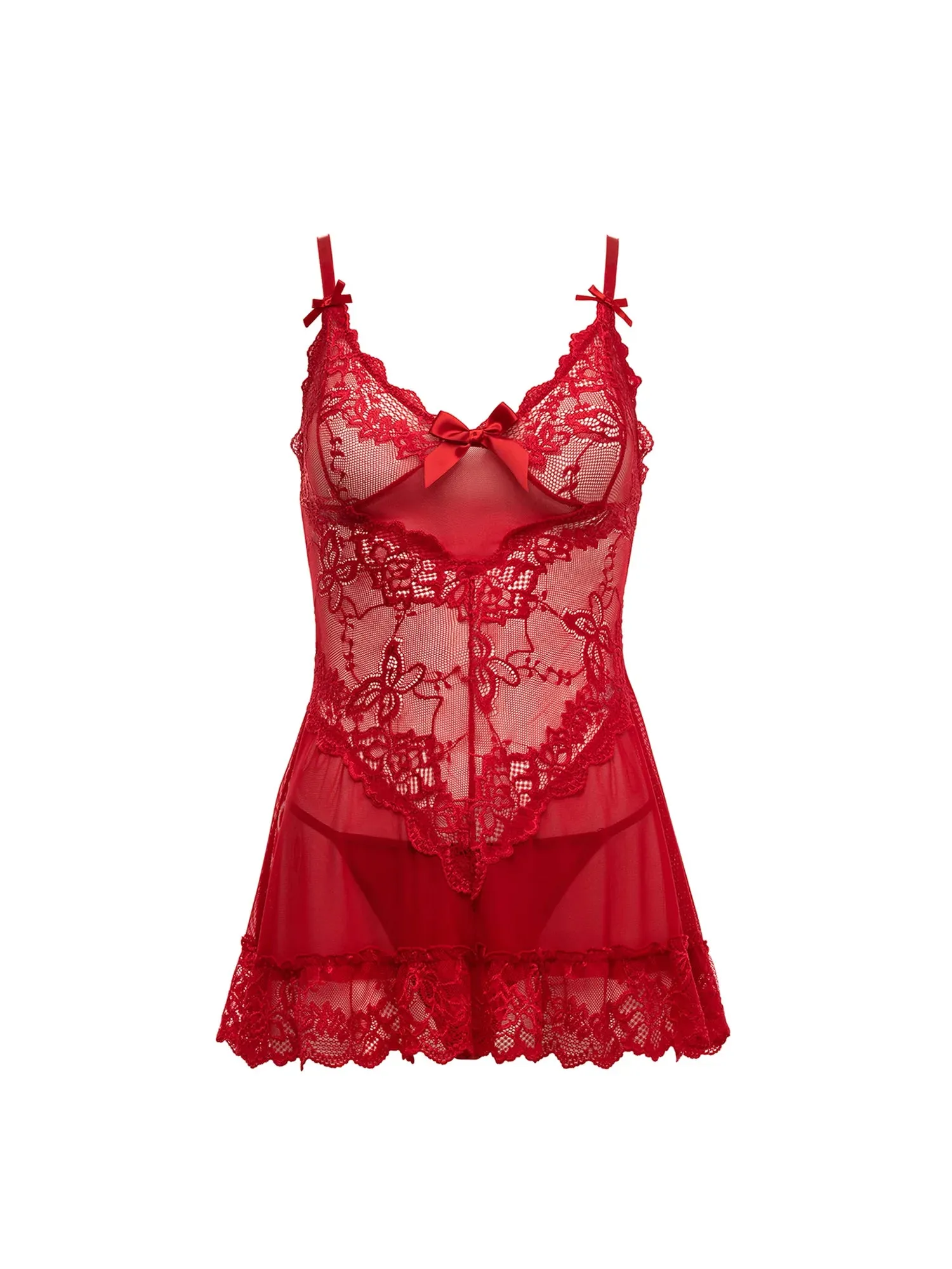 Valentine Soft Cup Lacey Babydoll With Bows In Red - Oh La La Cheri