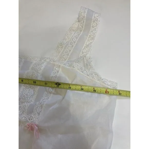 Vanity Fair Women’s Vintage Long Nightgown Sheer White Pink Bows Size 34