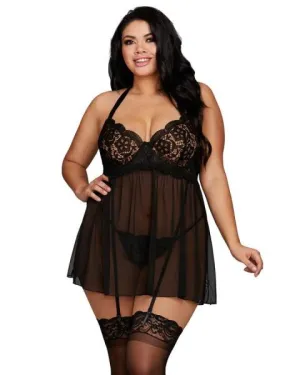 Venice Embroidery Lace Garter Babydoll & Thong - Black - Size