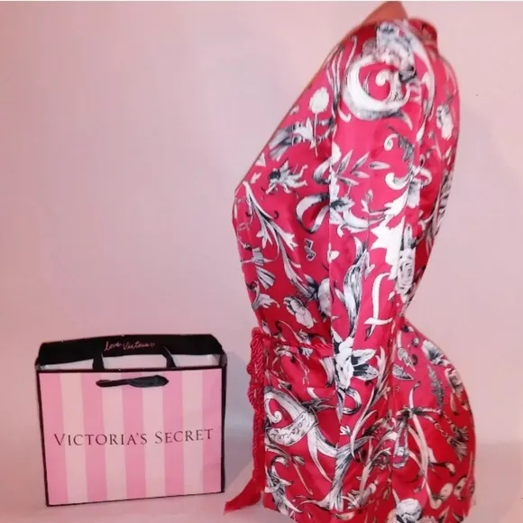 Victoria Secret Pajama Top medium Sleepwear Red White Floral Satin Rope Belt Tie