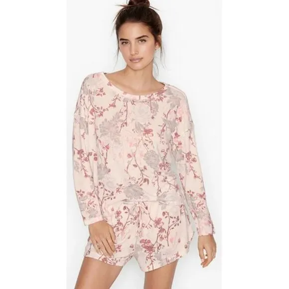Victorias Secret Cozy Knit Long Sleeve &amp; Short PJ Set Womens Large New Floral