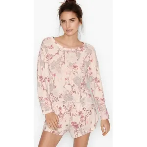Victorias Secret Cozy Knit Long Sleeve &amp; Short PJ Set Womens Large New Floral