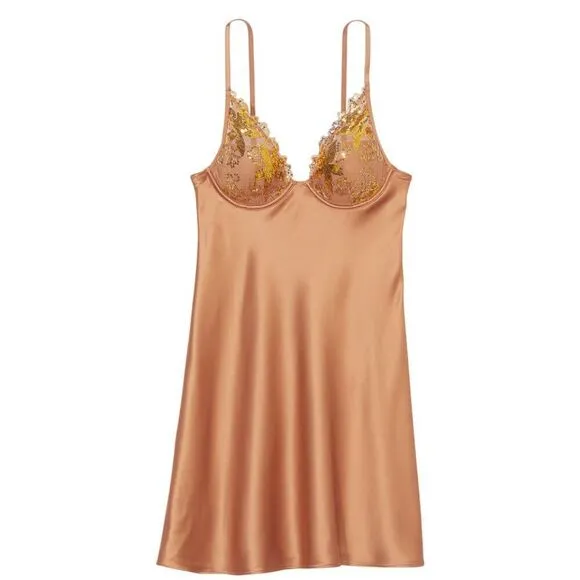 Victoria's Secret Gold Sequined Ziggy Glam Floral Embroidery Underwire Slip SZ L