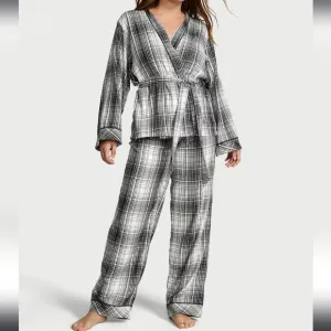 Victoria's Secret Plaid Flannel Wrap Long Pajama Sleepwear Set XL Brand New