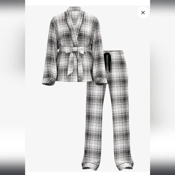 Victoria's Secret Plaid Flannel Wrap Long Pajama Sleepwear Set XL Brand New