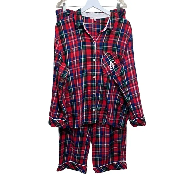 Victoria’s Secret Tartan Plaid Metallic Threading VS Embroidered Pocket PJ Set