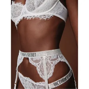 Victoria’s Secret White Lace Shine Rhinestone Balconette Bra &amp; Garter 32C/XS/S
