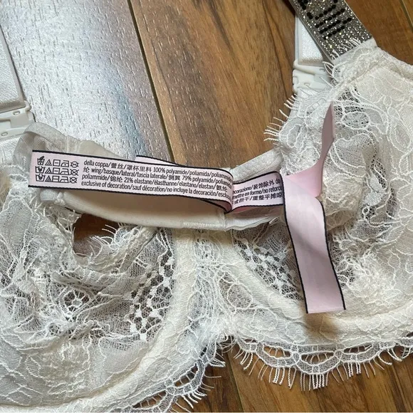 Victoria’s Secret White Lace Shine Rhinestone Balconette Bra &amp; Garter 32C/XS/S