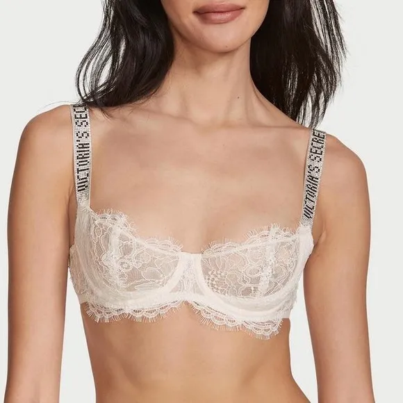 Victoria’s Secret White Lace Shine Rhinestone Balconette Bra &amp; Garter 32C/XS/S