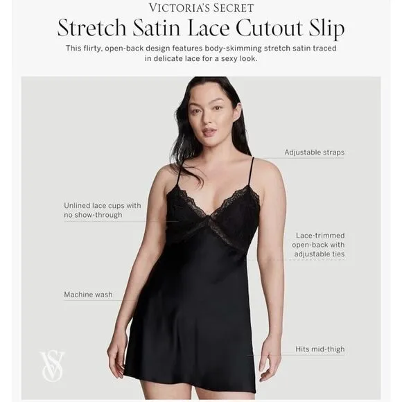 ✨Victoria's Secret Stretch Satin Lace Cutout Black Sz XL Slip✨