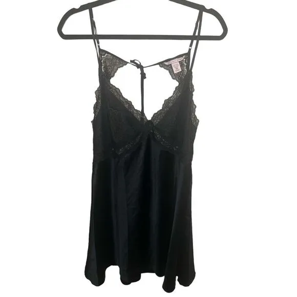 ✨Victoria's Secret Stretch Satin Lace Cutout Black Sz XL Slip✨