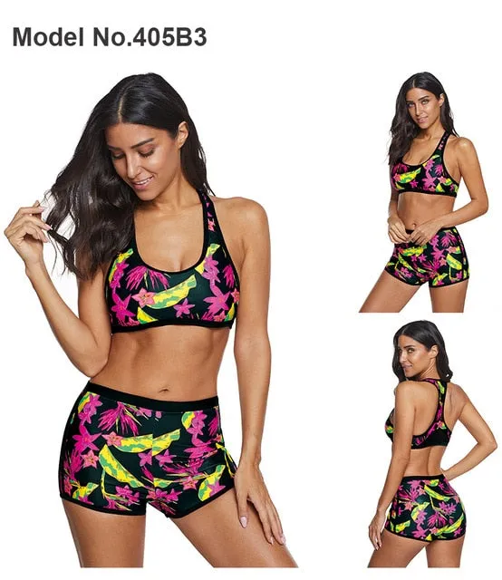 Vikionfly High Waist Bikini Set With Shorts Swimsuit Women 2021 Padded Floral Sport Swim Push Up Crop Top Swimwear Bathing Suit