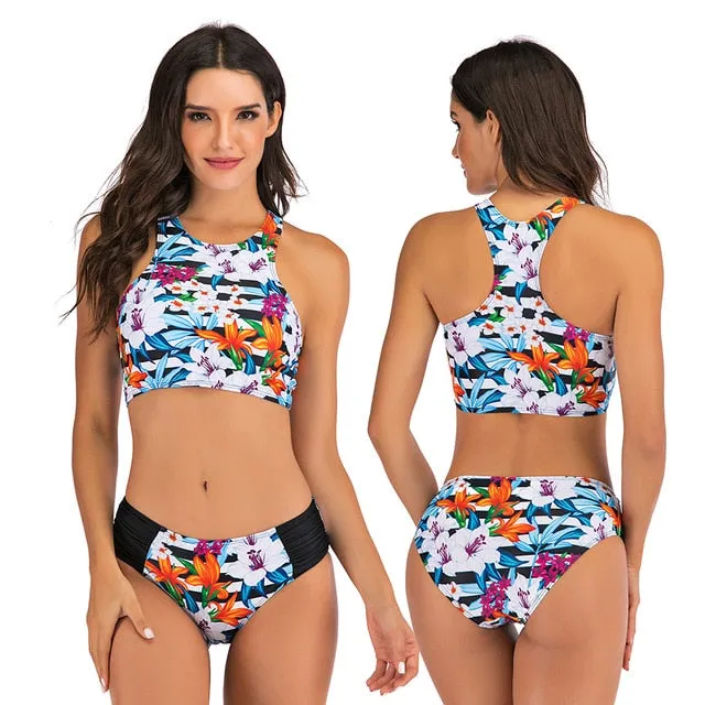 Vikionfly High Waist Bikini Set With Shorts Swimsuit Women 2021 Padded Floral Sport Swim Push Up Crop Top Swimwear Bathing Suit